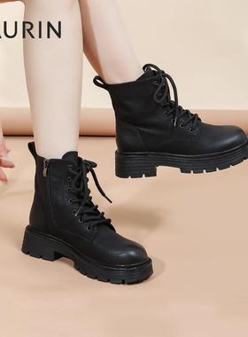 索兰马丁靴女2024冬季新款复古英伦风厚底增高粗跟短靴24DX51524