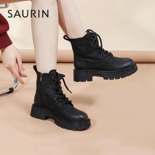 索兰马丁靴女2024冬季新款复古英伦风厚底增高粗跟短靴24DX51524