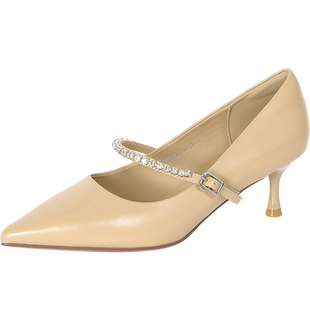 索兰高跟鞋女2024春季新款优雅水钻一字扣尖头浅口单鞋24AN20116