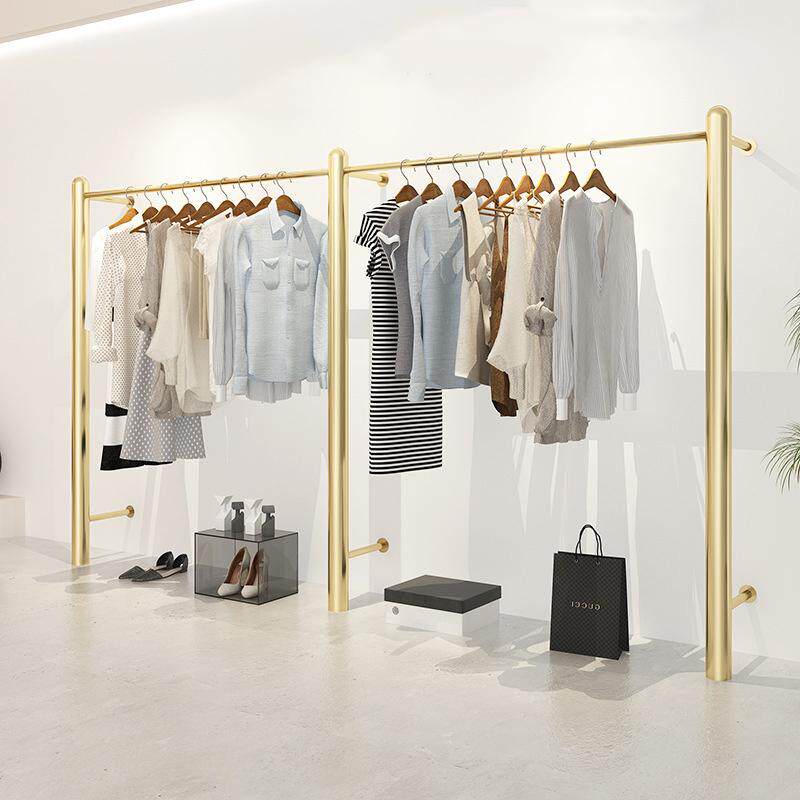 服装展示架不锈钢上墙挂衣杆女装店时尚简约落地式货架金色服装架