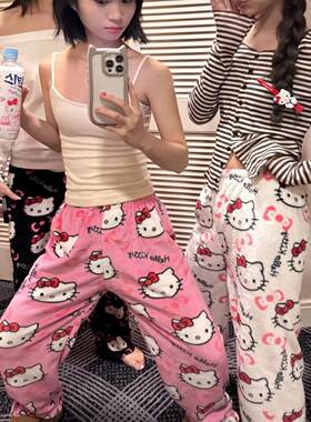 hellokitty法兰绒睡裤女秋冬季加绒保暖休闲宽松遛弯裤家居长裤子
