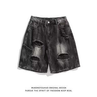 夏天高街 潮流胖子宽松痞帅美式 牛仔水洗破洞五分短裤 男加肥加大码