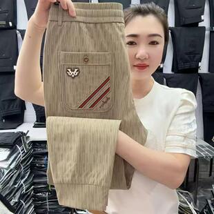 运动裤夏季薄款冰丝裤条纹宽松束脚裤冰感潮流弹力速干休闲裤长裤