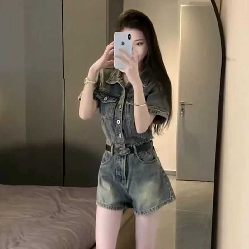 2024夏季新款POLO领短袖高级设计感连体裤女美式复古收腰牛仔短裤