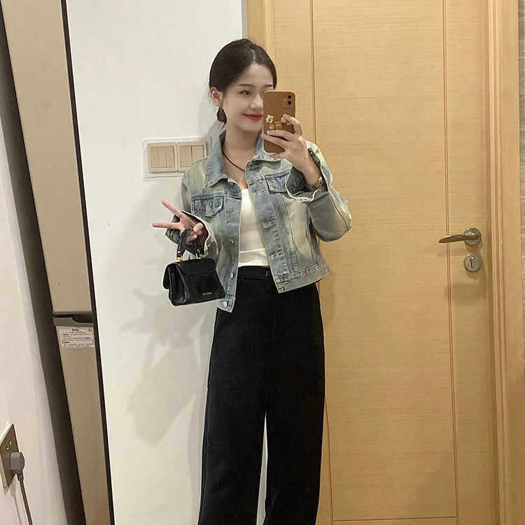 美式浅色翻领牛仔外套女2024秋新款设计感韩版百搭休闲夹克上衣潮