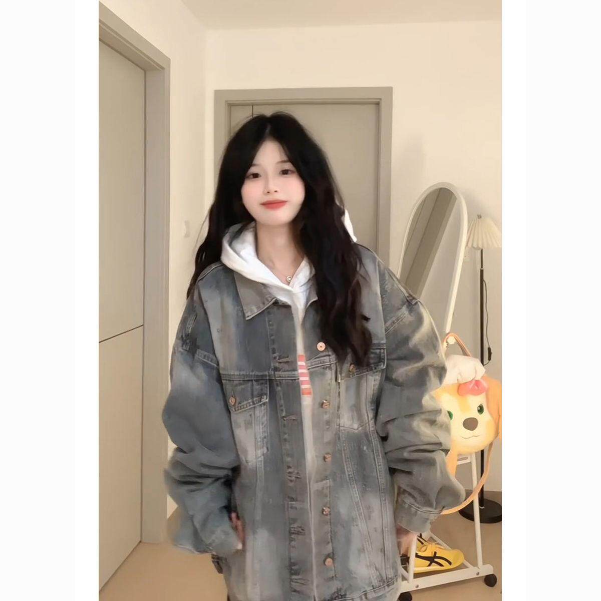 韩版慵懒风重工牛仔外套女秋季款小众设计感水洗做旧廓形夹克上衣
