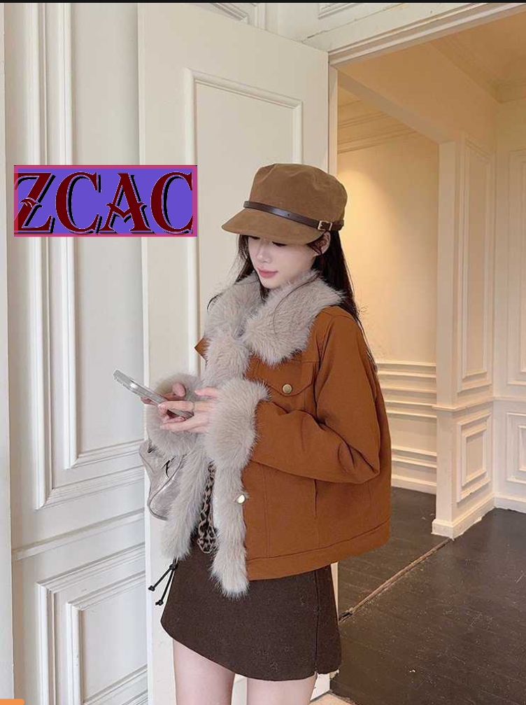 2025新款复古棕色牛仔外套女秋冬加厚短款拼接毛毛上衣棉服