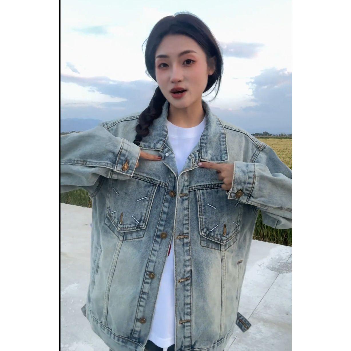 复古港风蓝色牛仔外套女秋季2024新款宽松显瘦中长款百搭气质上衣