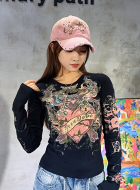 奢潮牌美式复古爱心刺青烫钻弹力甜酷打底衫修身短款女士长袖T恤