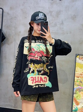潮牌烫钻涂鸦老虎头圆领男女宽松高货酷飒美式休闲松弛感长袖T恤