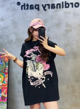 潮牌酷复古独角兽小马年限定印花朵烫钻中长款T恤裙女大版连衣裙