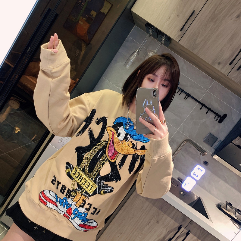 春秋新款卫衣烫钻t大c唐老鸭h卡通宽松男女卡其打底衫轻奢潮牌大c