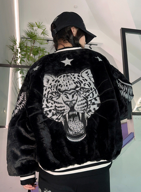 毛绒外套黑色宽松毛毛棉服棒球服男女虎头翅膀重工烫钻暗黑潮上衣