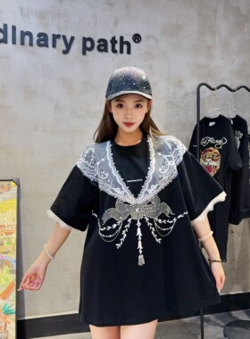 轻奢潮牌大版蕾丝印花烫钻T恤裙重工甜酷风连衣裙显瘦设计师短袖