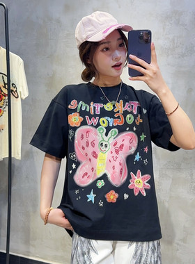 潮牌烫钻高货多巴胺彩蝴蝶短袖女