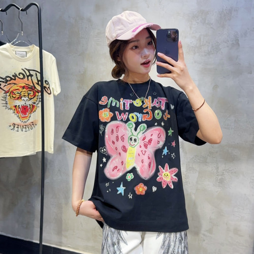 潮牌烫钻高货多巴胺彩蝴蝶短袖女