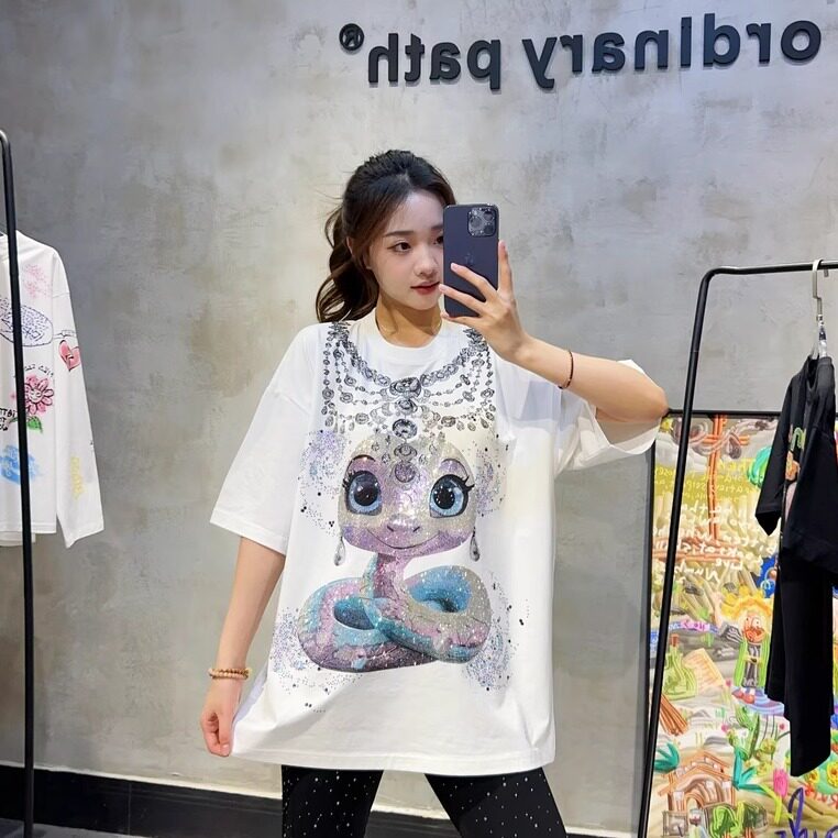 烫钻T恤潮牌大版OVERSIZE男女时尚闪亮带钻项链小蛇休闲春夏短袖