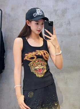 奢潮牌吊带弹力美式复古修身重工烫钻辣妹黑白经典老虎头女士背心