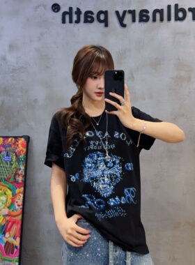 奢潮牌暗黑美式烫钻男女大码宽松涂鸦晕染水钻老虎头水钻短袖T恤