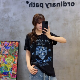 奢潮牌暗黑美式烫钻男女大码宽松涂鸦晕染水钻老虎头水钻短袖T恤