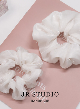 流光雪影 优雅气质丝麻亮丝白色大肠发圈高级感扎头发绳丸子头绳