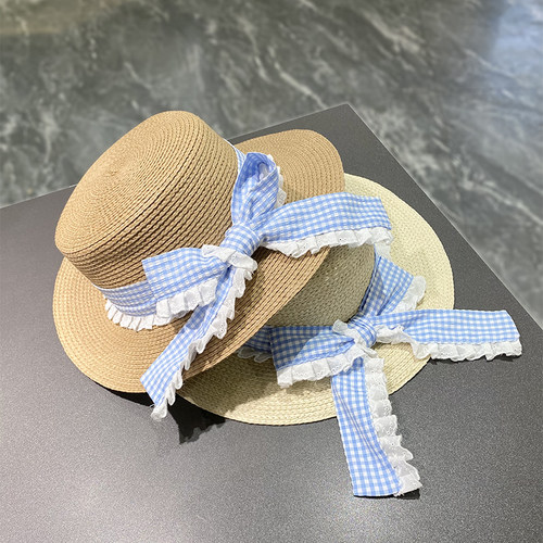蝴蝶结格子系带平顶草帽女夏遮阳