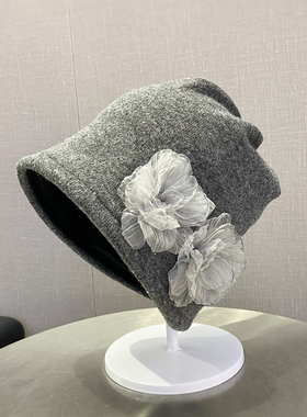 韩系立体花朵堆堆帽女冬季新款加绒保暖宽松版灰色针织帽包头冷帽