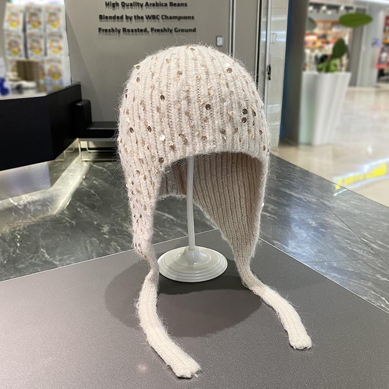 秋冬新款针织亮片护耳帽子女保暖