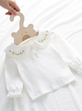 婴儿春秋装打底衫0-3岁女宝宝长袖白色T恤女童娃娃领绣花上衣洋气