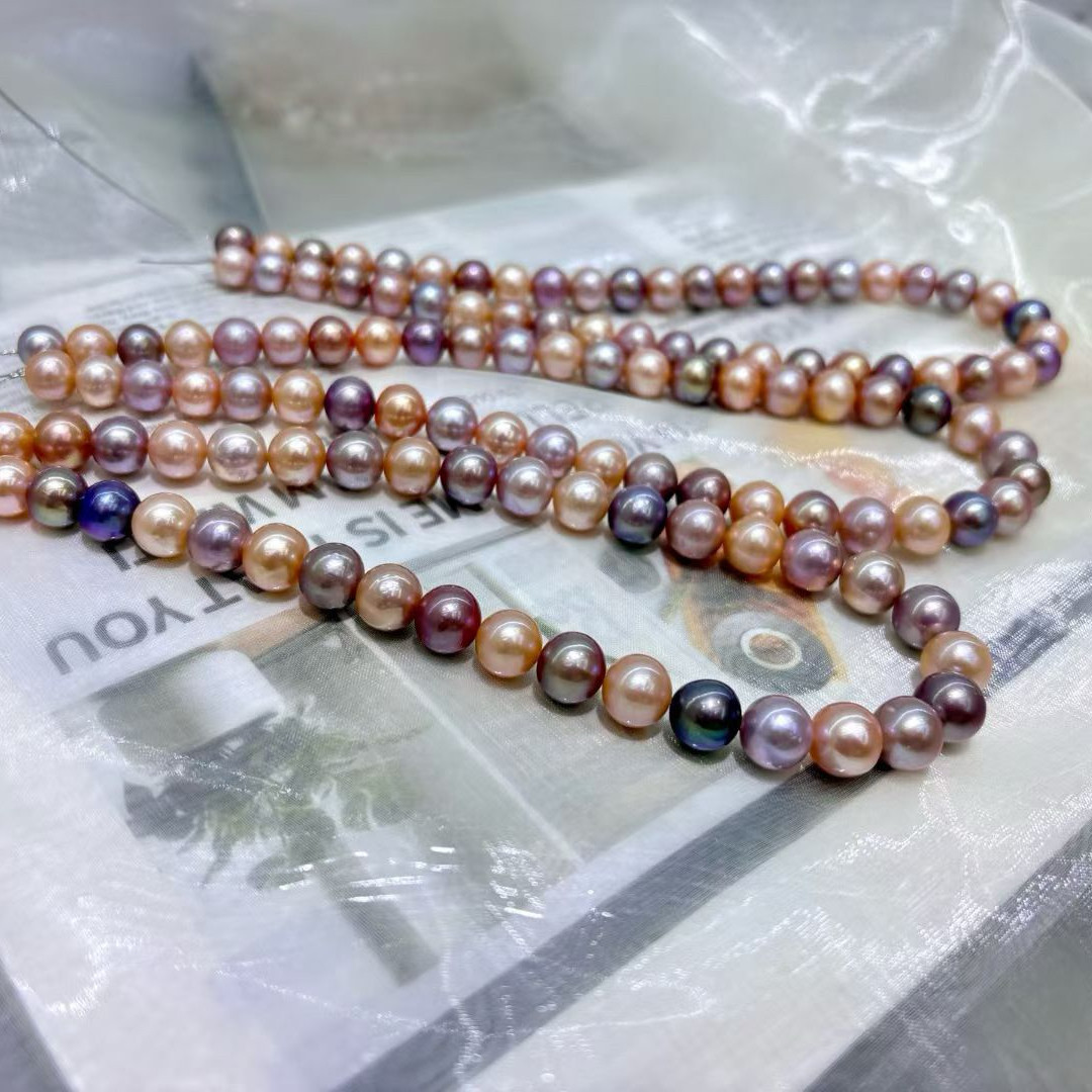 正品天然极光淡水珍珠糖果紫色珍珠9-10混彩炫彩珍珠极光珍珠项链