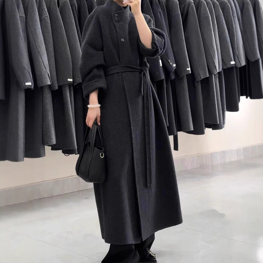 2025新款立领斜扣双面羊毛大衣长款加厚保暖A型韩国大码毛呢外套