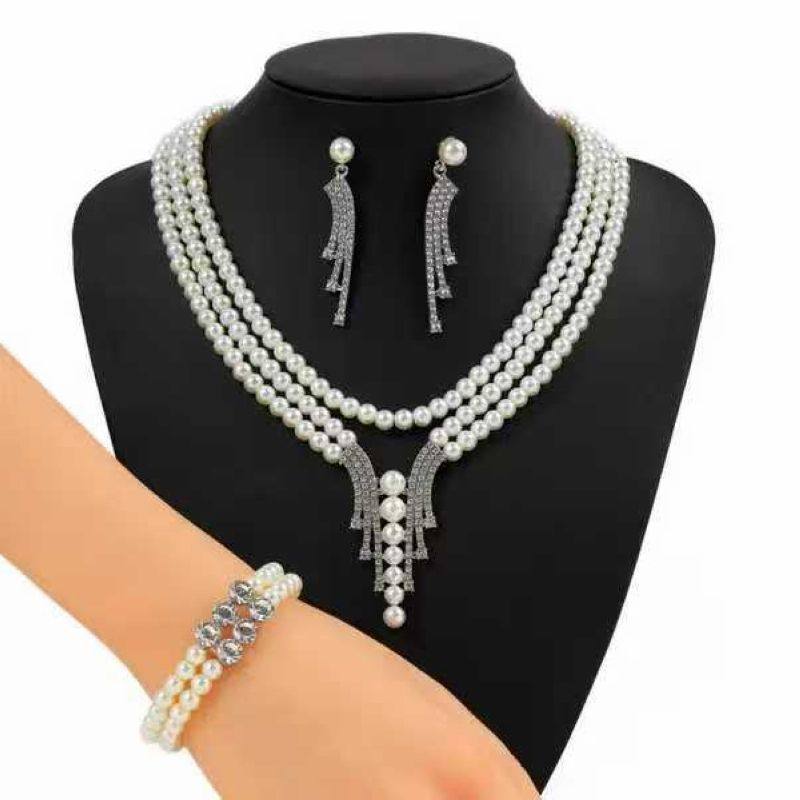 三层仿珍珠套装项链耳环手链三件套晚宴礼服首饰套装百搭爆款网红