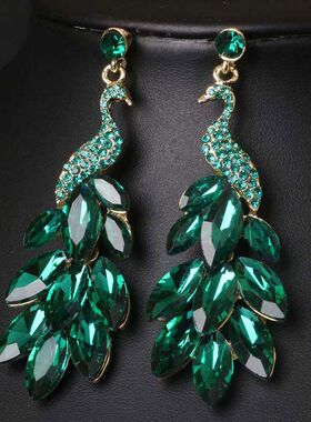 925银欧美奢华大牌满钻绿色孔雀耳坠夸张耳环女礼服晚宴气质配饰