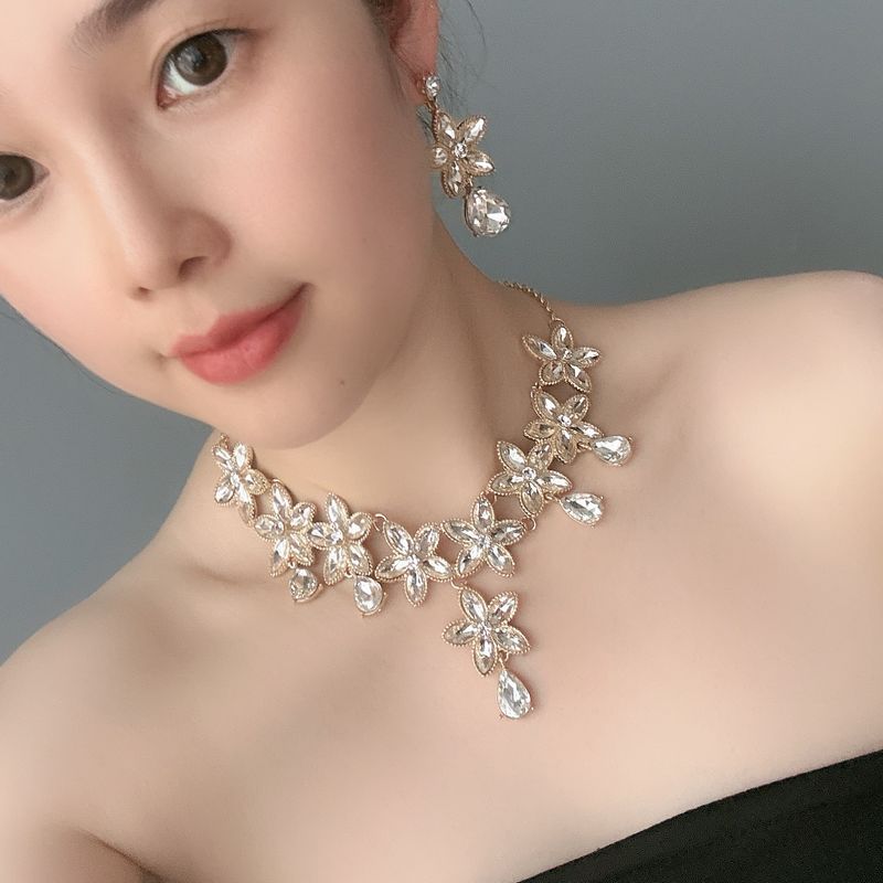 欧美复古夸张高级感项链耳环二件套新娘婚宴奢华水钻首饰品网红女