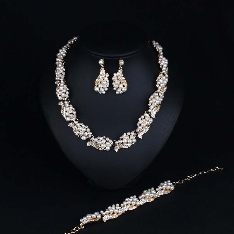 欧美夸张装饰珍珠三件套项链手链耳环女饰品晚礼服婚庆演出首饰品