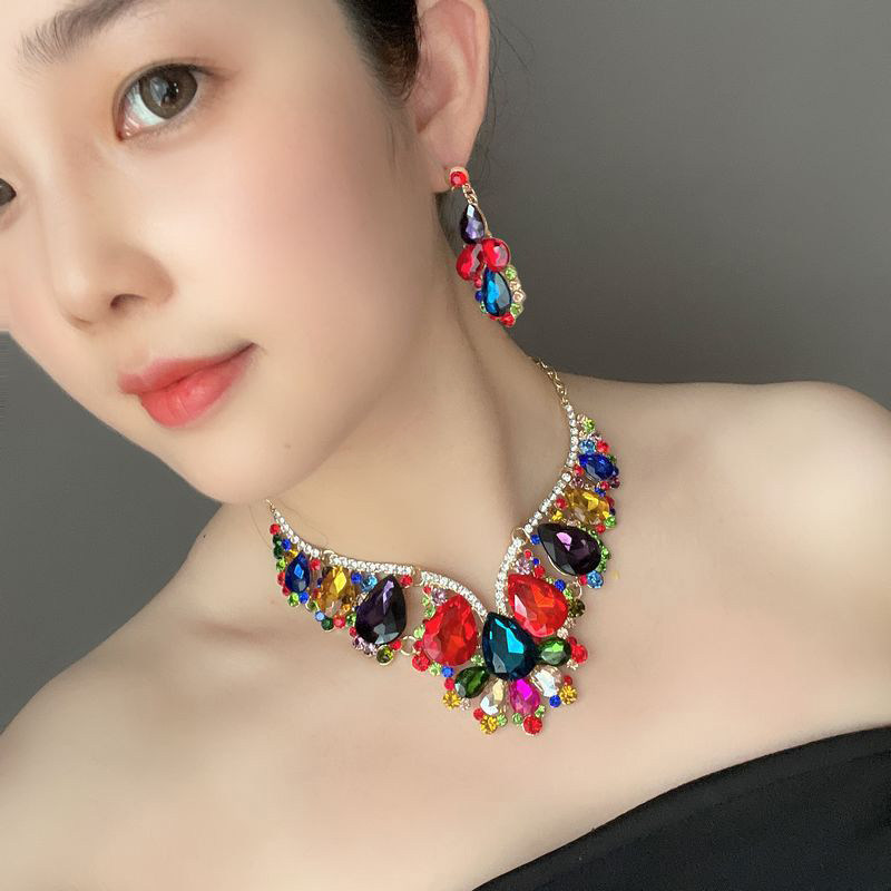 欧美首饰两件套水晶女项链耳环