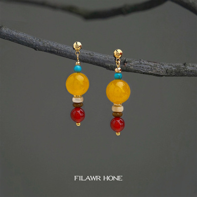 设计师款国潮民族风天然石黄玉红玛瑙耳饰热耳环