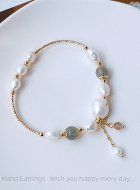 原创手工天然淡水珍珠月光石手链韩版百搭气质简约手饰女