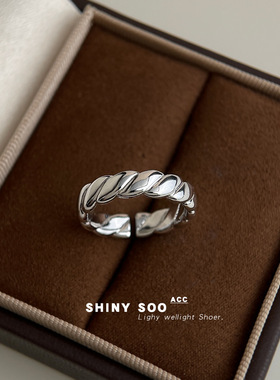 冷淡风素圈麻花开口戒指时尚通勤百搭银色系高感可调节戒指指环