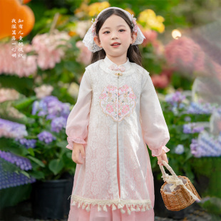 连衣裙2026春新款 汉服女童儿童新中式 小女孩国风长袖 子套装 马甲裤