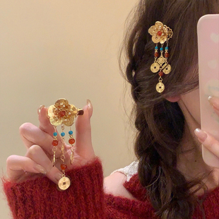 【有钱花】新中式铜钱花朵流苏发夹女复古国风金色侧边夹发饰头饰