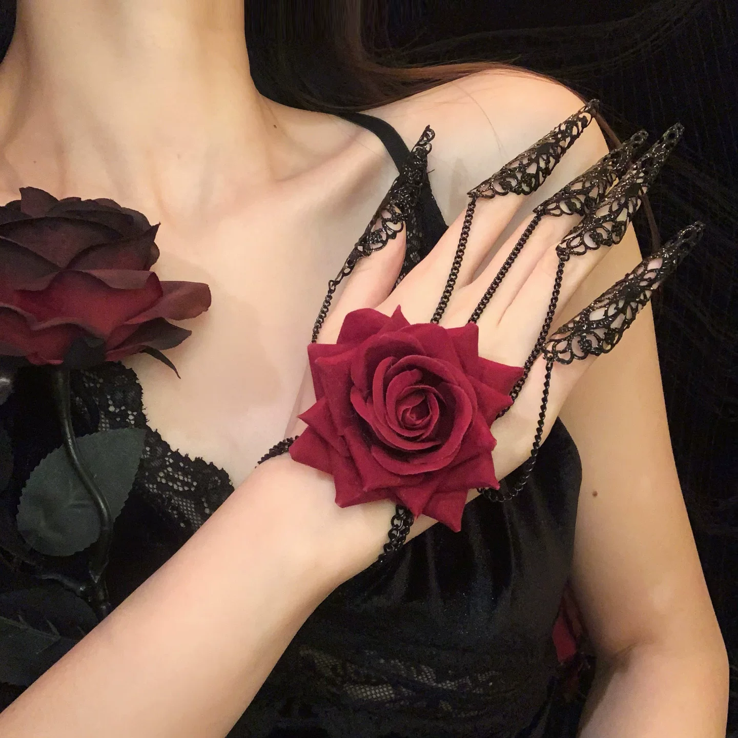 万圣节红玫瑰连指指套手链暗黑系哥特风配饰cos装扮朋克设计指环