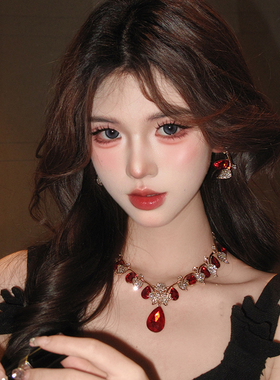 重工复古红色满钻树叶水滴项链耳环套装女高级感精致宴会百搭配饰