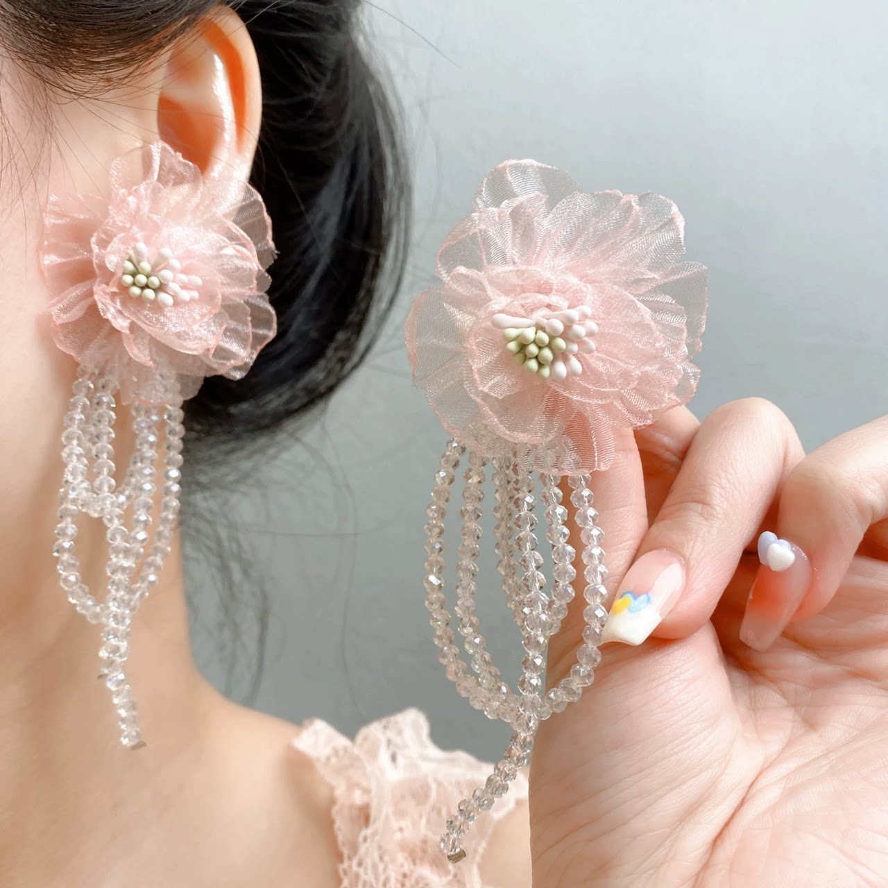 超仙森系花朵流苏耳钉女粉色小众设计简约耳坠气质百搭甜美耳饰