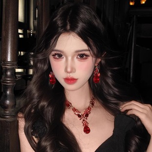 欧美重工红色满钻花纹水滴项链耳环套装 女夸张设计感精致锁骨链