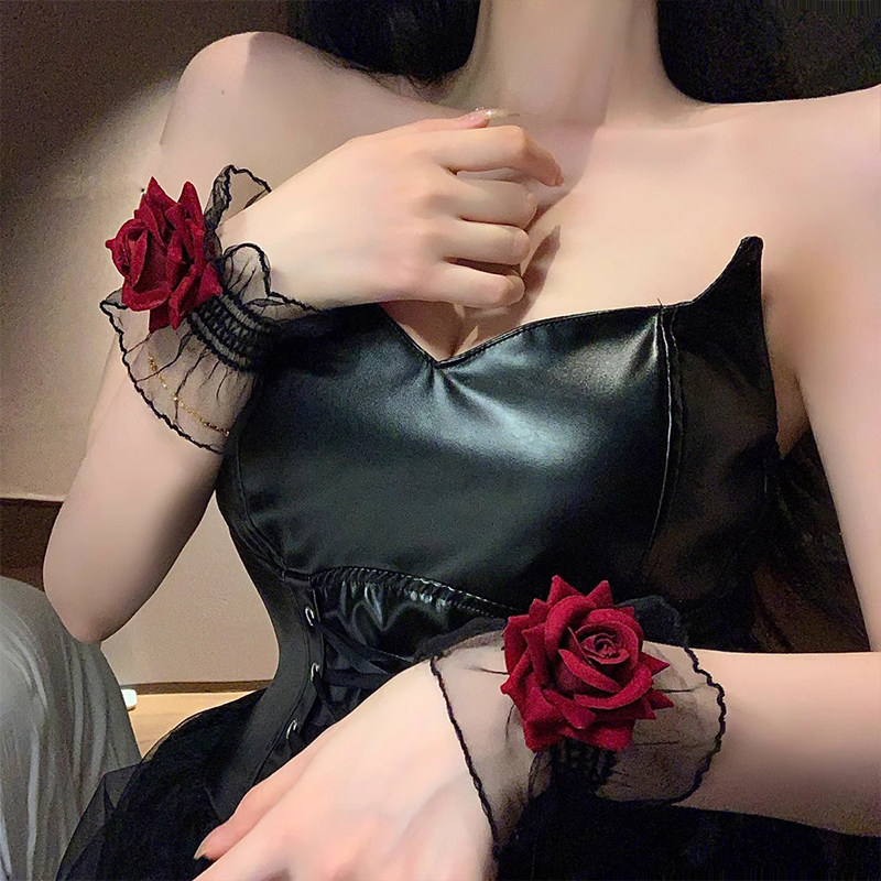 暗黑系lolita哥特少女红色玫瑰手套高级感蕾丝手腕套配饰lo娘袖套