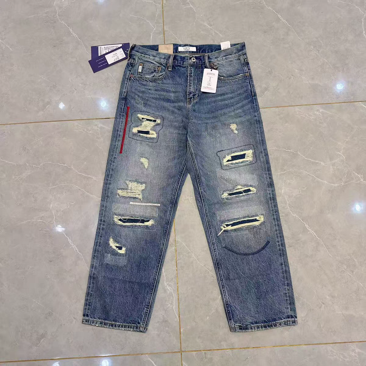 FDMTD红线牛王补丁针缝赤耳丹宁水洗宽松阔腿微锥直筒牛仔裤