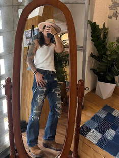 素未平生!致敬RRL牛王补丁定制重磅闪电水洗白耳男小直筒牛仔裤