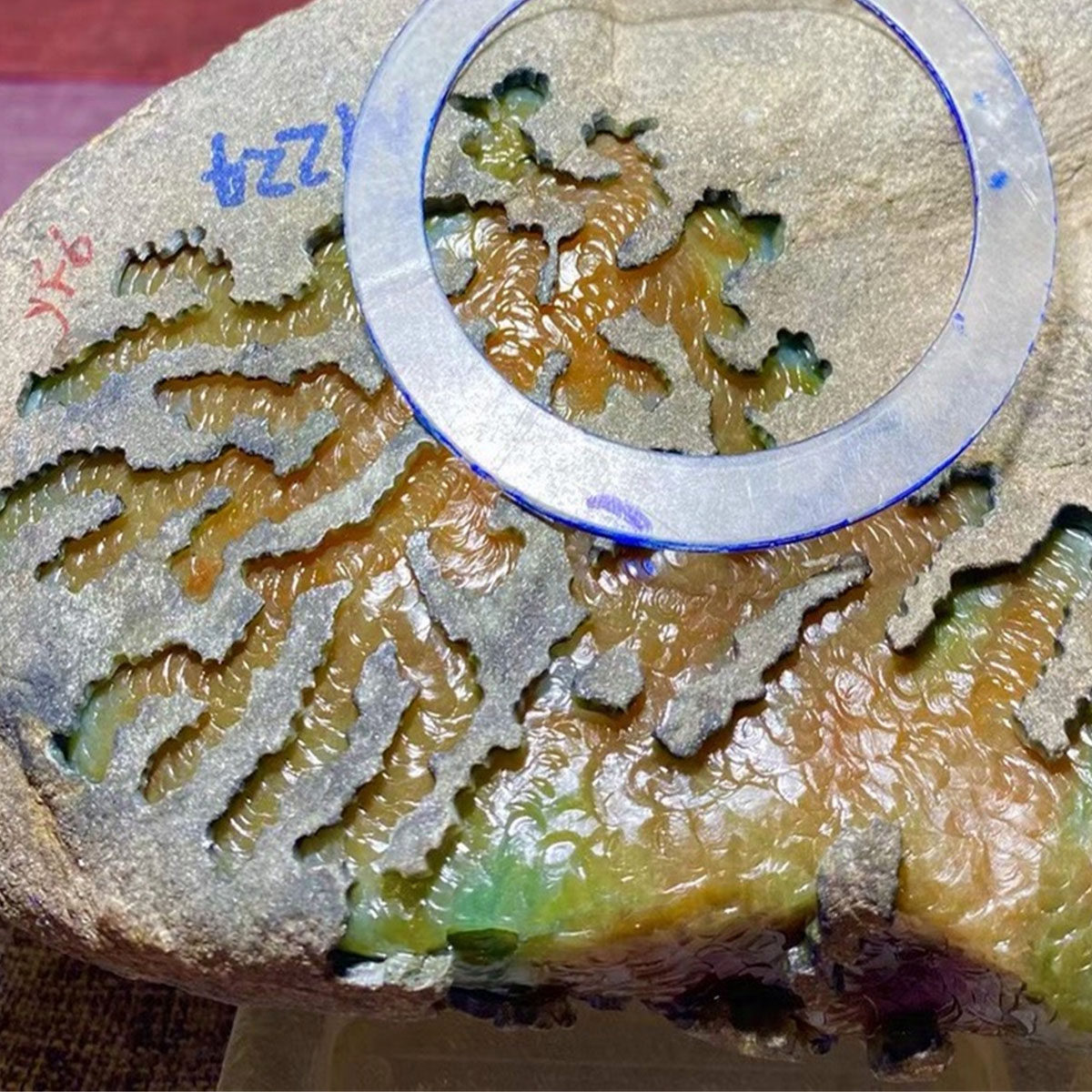 瑜瑾缅甸翡翠原石玉石毛料 老坑莫西沙 冰种黄夹绿 手镯料 T148