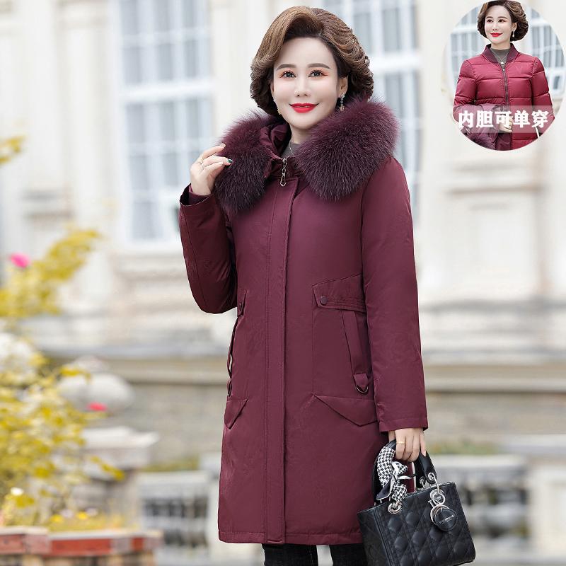 可拆卸妈妈羽绒服女中长款加厚活里活面中老年派克服冬装大码外套